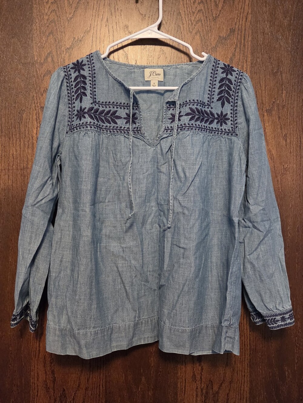 J. Crew Light Blue Chambray Blouse with Navy Embroidery
